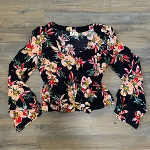 Roxy Long Sleeve Flare Crop Top Floral with Button Down Details in Black